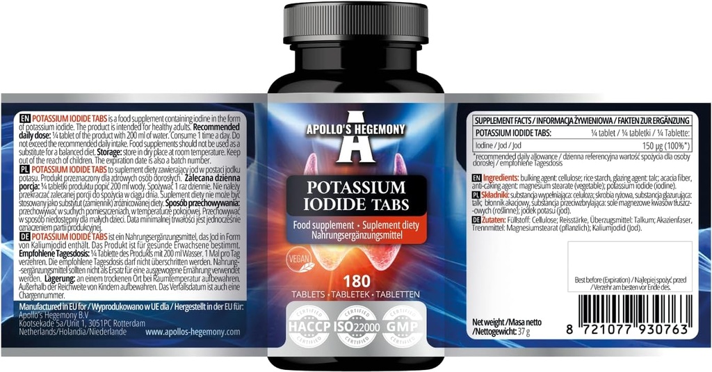 Iod de potasiu 150 mcg pe portiune - 180 comprimate Vegan - 720 Serviri - pentru functia optima Gland si metabolismul energetic - Supliment alimentar de Hegemonia lui Apollo