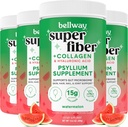Bellway Super Fiber Powder + Colagen (4 Pack), Psyllium Husk pulbere fără zahăr cu Colagen Peptide și acid hialuronic pentru sănătate gutoasă, piele sănătoasă, unghii, oase și articulații, pepene verde (42,4 oz)