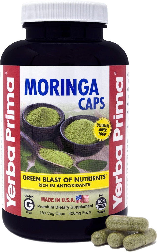 Yerba Prima Moringa, 180 Count Veg Caps - 400mg de Pure, Uscate Leaf Powder, Green Blast of Nutrients, Rich in Antioxidanti, 100% Pure, Super Food, Non-GMO, Vegan Friendly, Gluten-Free, SUA Made
