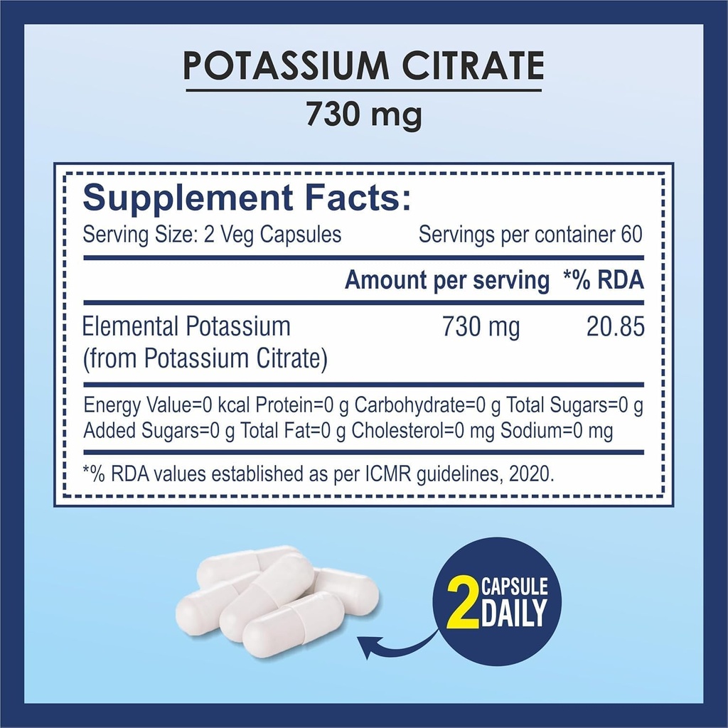 Citrat de potasiu 730 mg Supliment, susţine funcţia renală şi musculare sănătoase - 120 capsule vegetale