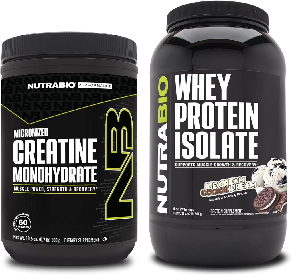 NutraBio Creatina Monohidrat, Nearomate, 300g și Whey Proteine Izolate, Ice Cream Cookie Dream, Supliment Bundle - Energie musculară, Lean musculare creștere, recuperare, și puterea