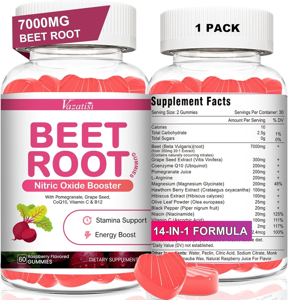 Sfeclă Root Gummies - Tulpini de sfeclă de azot pentru sprijin de circulatie, Productia de oxid de azot - cu semințe de struguri, Hawthorn Berry, Hibiscus, Organic, Non-GMO, 60 Gummies