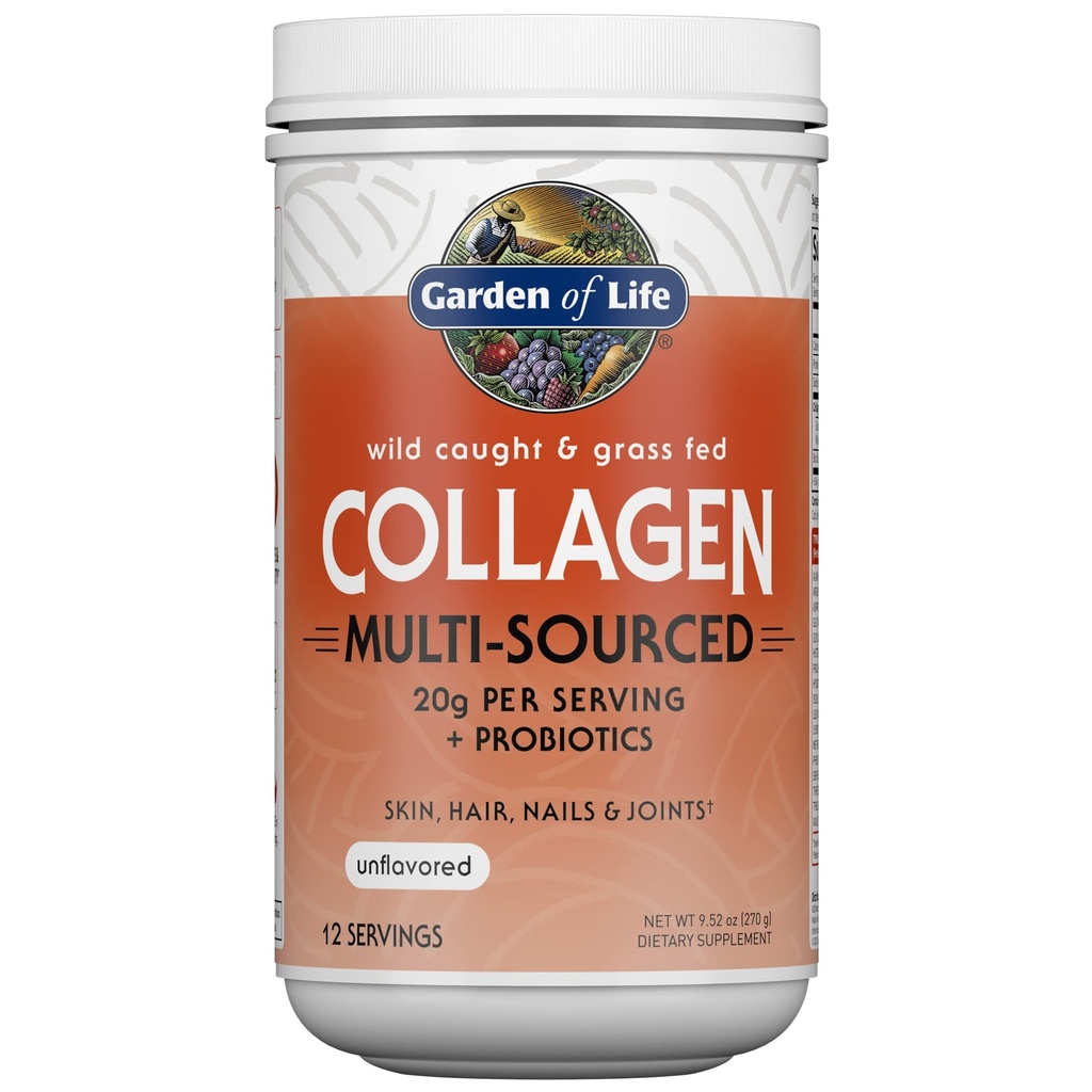 Garden of Life Marine & Grass-Fed Colagen Peptides Powder Supplement (Tip I, III) cu Probiotice și BCAAs pentru mobilitate, sănătate comună, păr, piele și unghii - nearomatizate, 20g per Serving, 12 Serviri