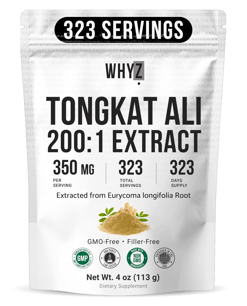 WHYZ Tongkat Ali Powder 113g, Pure LONGJACK 200:1 Extract Eurycoma Longifolia Supliment pulbere pentru creșterea performanței fizice și bine-Being, LONGJACK Tongkat Ali pentru bărbați și femei, 323 Serviri