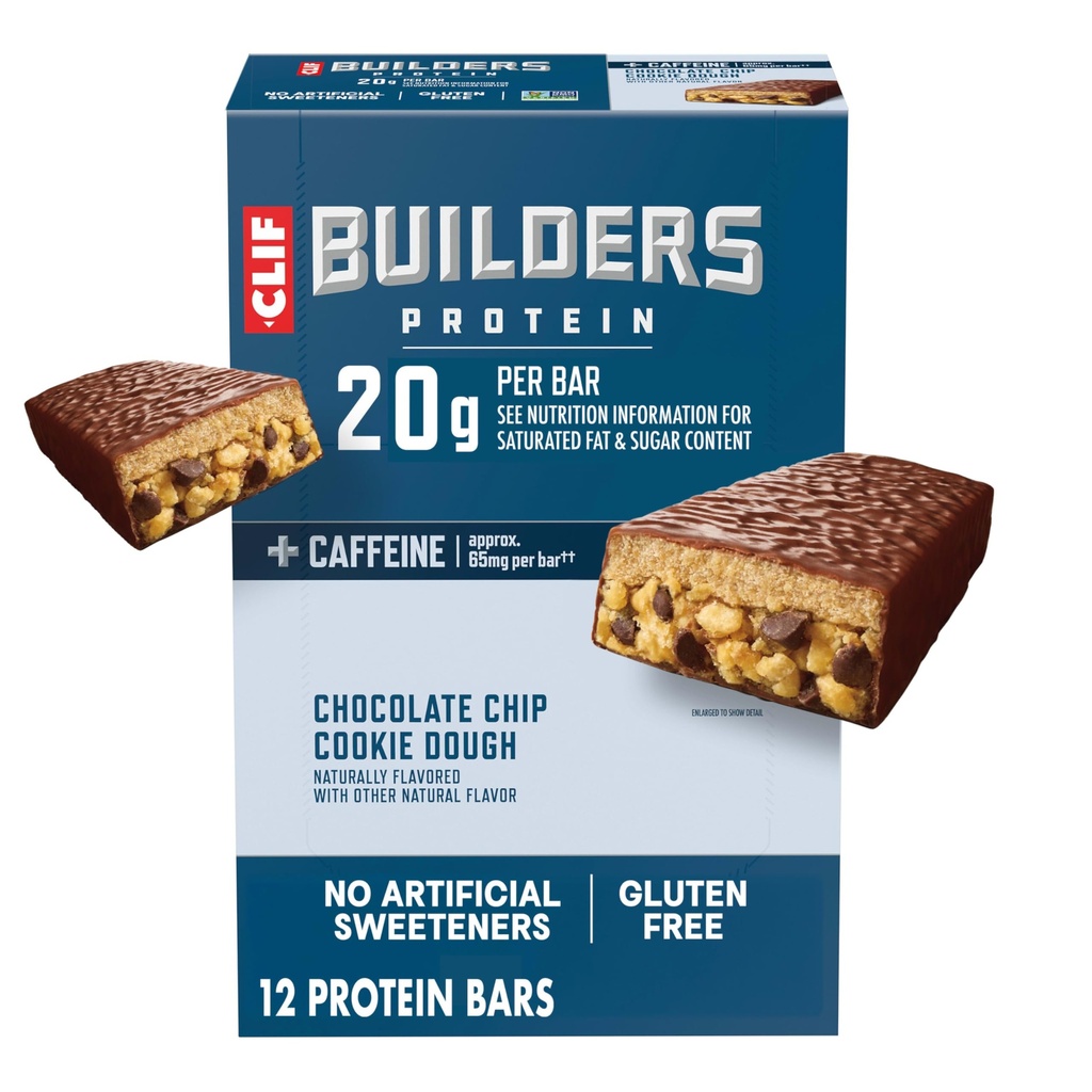 CLIF BUILDERS + Cafeina Proteine Baruri - Ciocolata Chip Cookie Dough Aroma - 20g Proteină pe bază de plante - Gluten gratuit - non-GMO - Glicemic scăzut - Fără îndulcitori artificiali - 2.4 oz. (12 Pack)