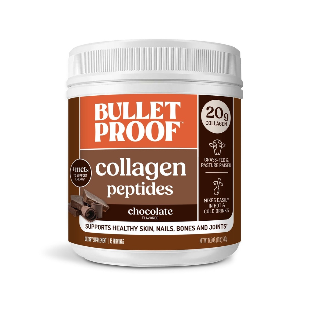 Bulletproof Ciocolata Colagen Proteina pulbere cu ulei MCT, 19g Proteina, 17,6 Oz, Colagen Peptide si Amino Acidi pentru piele sanatoasa, oase si articulatii, ambalare mai Vary