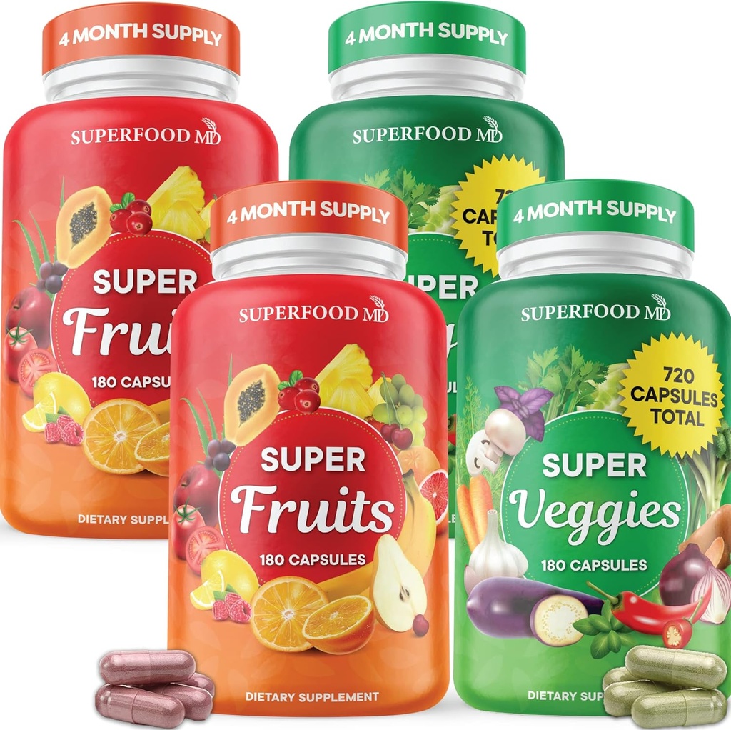 Superfood Fruit and Veggie Supplement - Capsule de fructe și legume 100% Super Fruit și Super legume Suplimente și vitamine, cu frunze de măsline (720 Count (Pachet de 4)