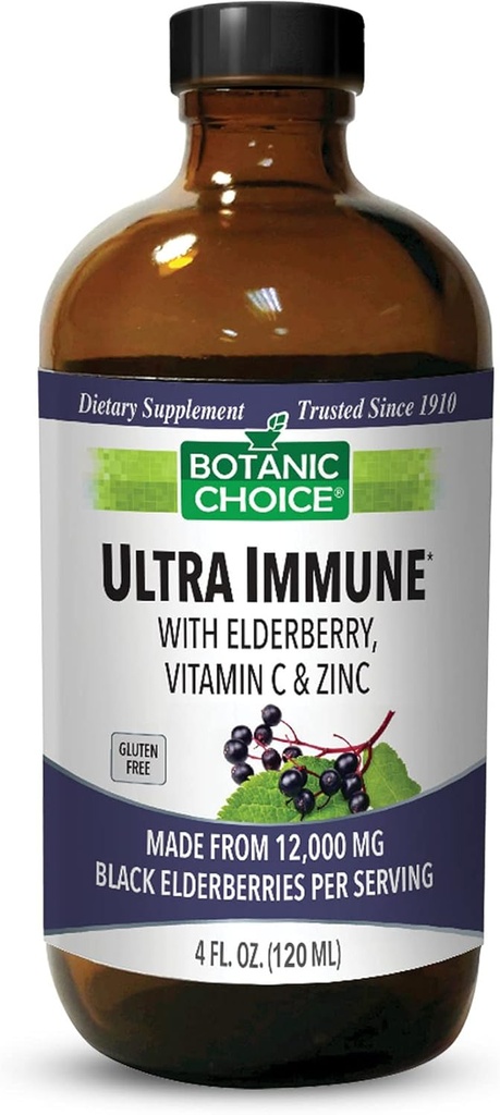Alegerea botanică - Ultra Immune, Conține Elderberry cu zinc și vitamina C, Black Elderberry Syrup pentru adulți și copii, Vitamine lichide pentru sprijin imun, 4 Oz