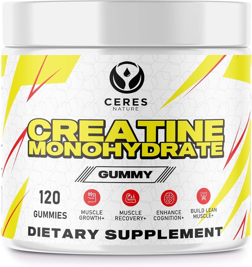 Creatine Monohidrat Gummes pentru bărbaţi şi femei 5g de Creatină Monohidrat per Servire - Vegan, Lemon Flavor, 120 Conte.