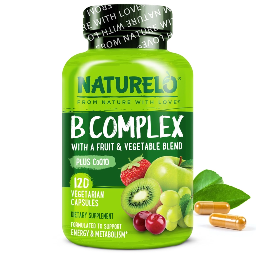 NaturaLO Vitamina B Complex,120 Capsule, Vegan, CoQ10, Folat de metil, Biotin, Fruit & Veg Blend, Suportă energie și răspuns de stres sănătos, Super B Complex vitamine pentru femei și bărbați