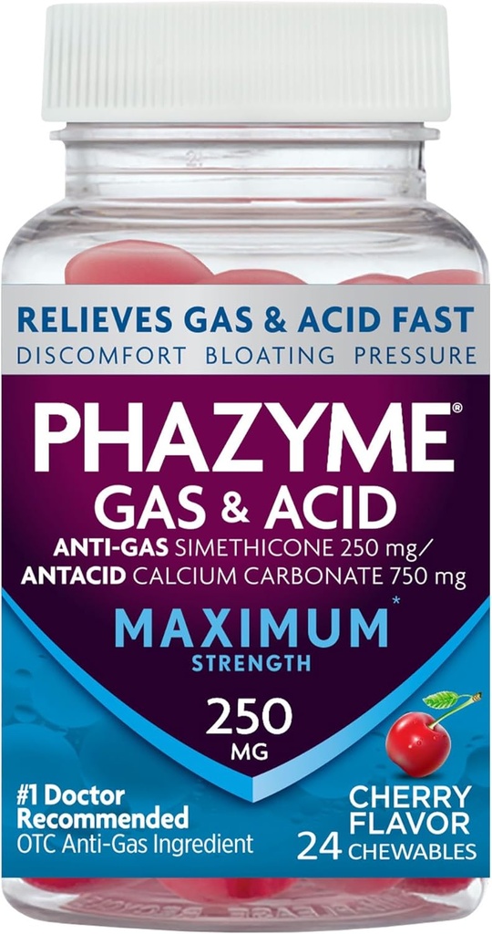 Phazyme Putere maximă gaz și acid de relief, lucrări rapide, aroma de cireșe, 24 Chews (Packing May Vary)
