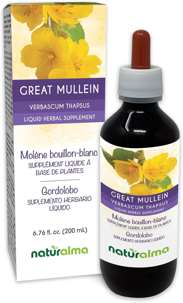 Naturalma Great Mullein sau Mullein comun (Verbascum tapsus) Flori și frunze de alcool-Tinctură fără alcool - 6,76 fl oz Extract lichid în picături - Supliment vegetal - Vegan