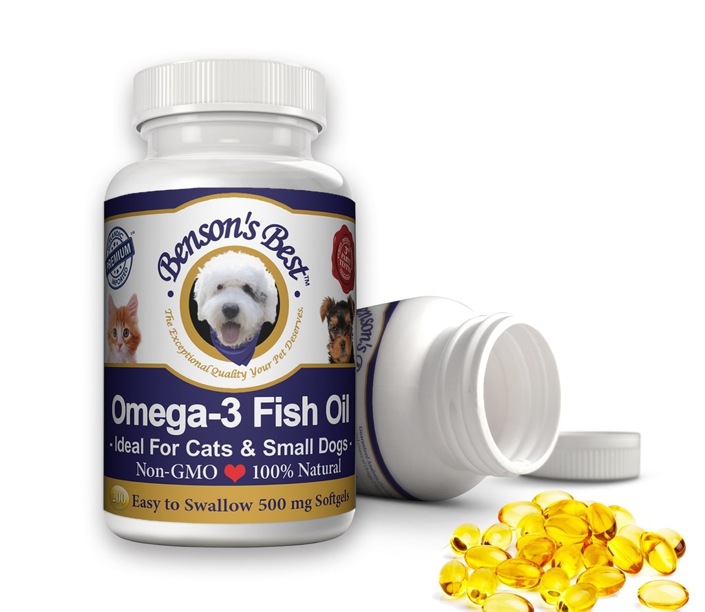 Benson cel mai bun Omega 3 ulei de pește pentru pisici și câini mici - 200 Softgels 500mg - 43% mai mult Omega 3 acizi grasi decat ulei de somon - 100% pur, non-GMO, Natural Pet Food Câine de companie Suplimente ulei de pește
