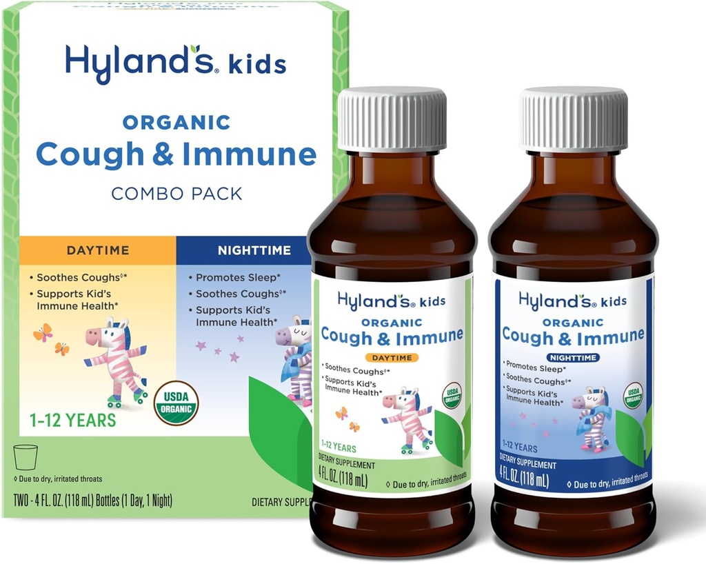 Hyland's Kids Organic Tuse și Immune Ziua și Night Combo Pack, Eases Tuse, Sprijină Imunitate, Promovează Somn, Două 4 Fl Oz. Sticle (8 fl oz)