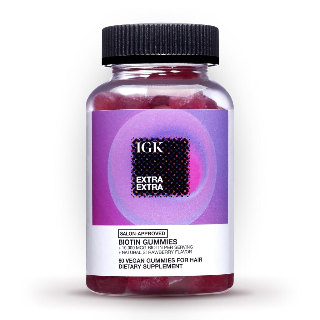 IGK Biotin Gume de par 10.000mcg Biotina (60 Count), Capsuni aroma, Gumies supliment de crestere a parului pentru parul sanatos, piele & unghii, Vegan, Ajutor Combate pierderea parului & Thinning