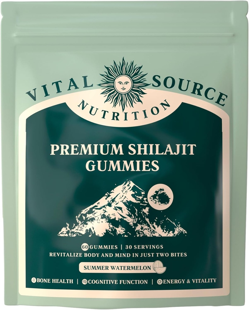 Vital Source Nutrition - Premium Shilajit Gummies - Bone, Brain, Energy & Vitality Support - Himalayan Organic Shilajit - Vegan, Gluten-Free & Halal - Summer Pepene verde - 60 Gume - 30 Servings