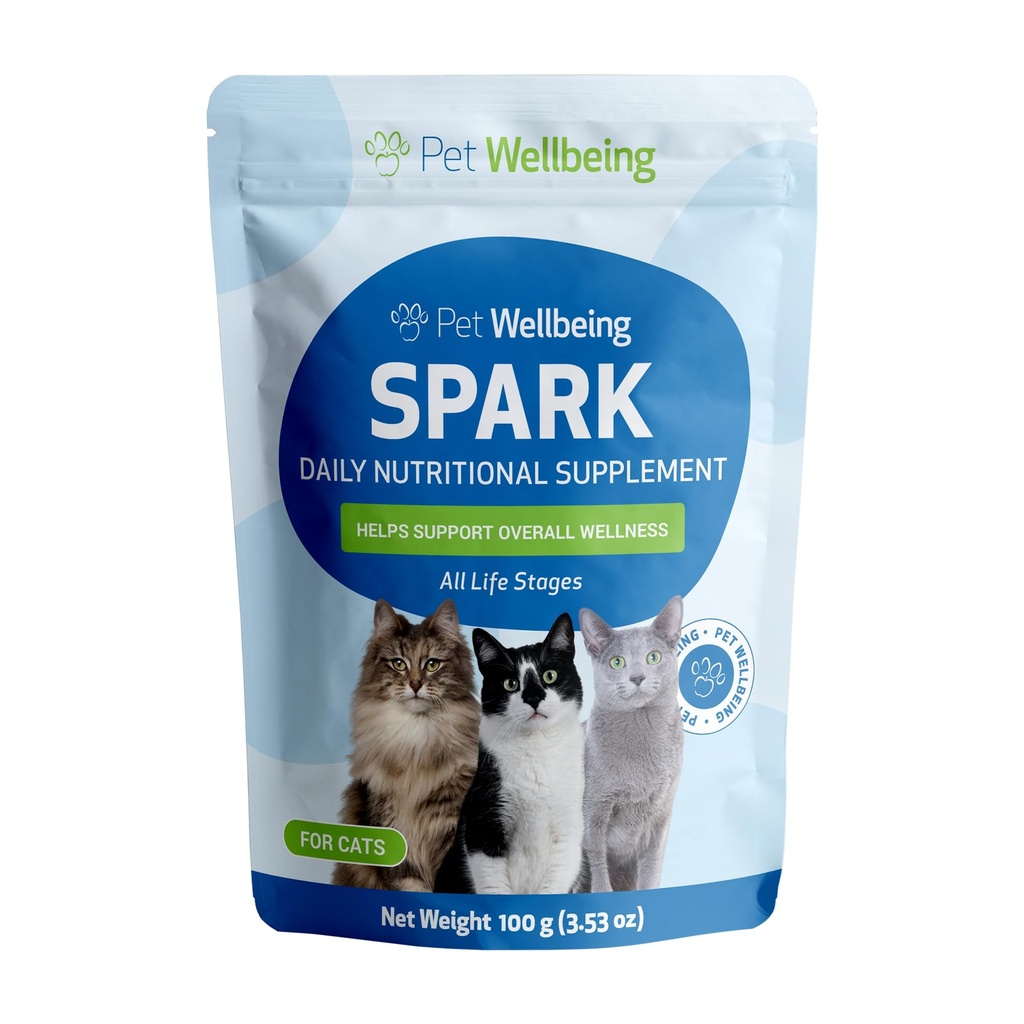 Pet Wellbeing Spark Daily Nutritional Greens Superfood pentru pisici - Probiotice, Prebiotice, Enzime digestive, Aminoacidi, Antioxidanti, Vitamina D, Spirulina - Veterinarian-Formulat 3.53 oz (100 g)