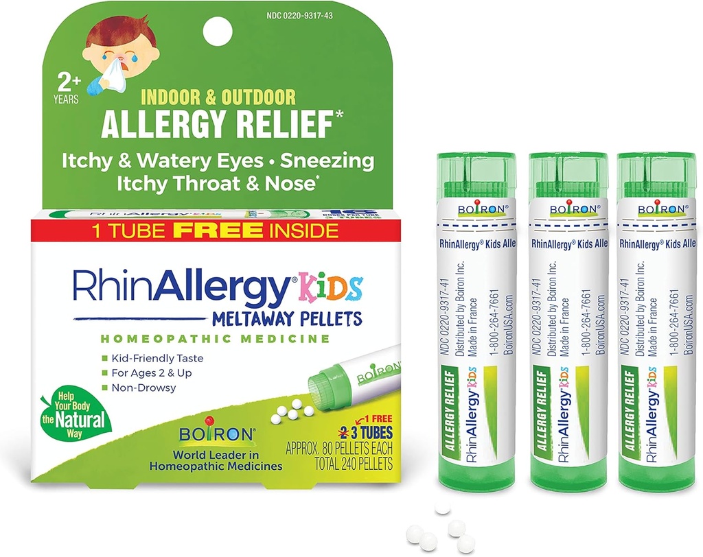 Boiron RinAlergie Copii Pellets pentru ajutor de la alergii Simptomele de strănut, Runny Nose, şi mâncărimi ochi sau gât - 3 Conte (240 Pellets)