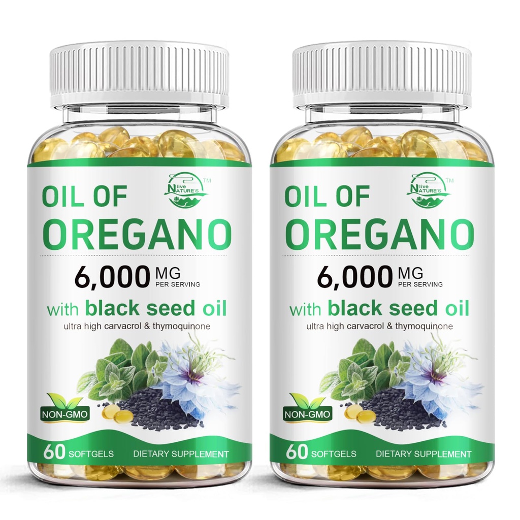 Ulei natural de Oregano viu cu ulei de semințe negru, 2 în 1 Oregano Supliment pentru sănătatea imună, Retains Carvacrol mare concentrat și Thymochinonă, Non-GMO, 60 Softgels, 2 ambalaj