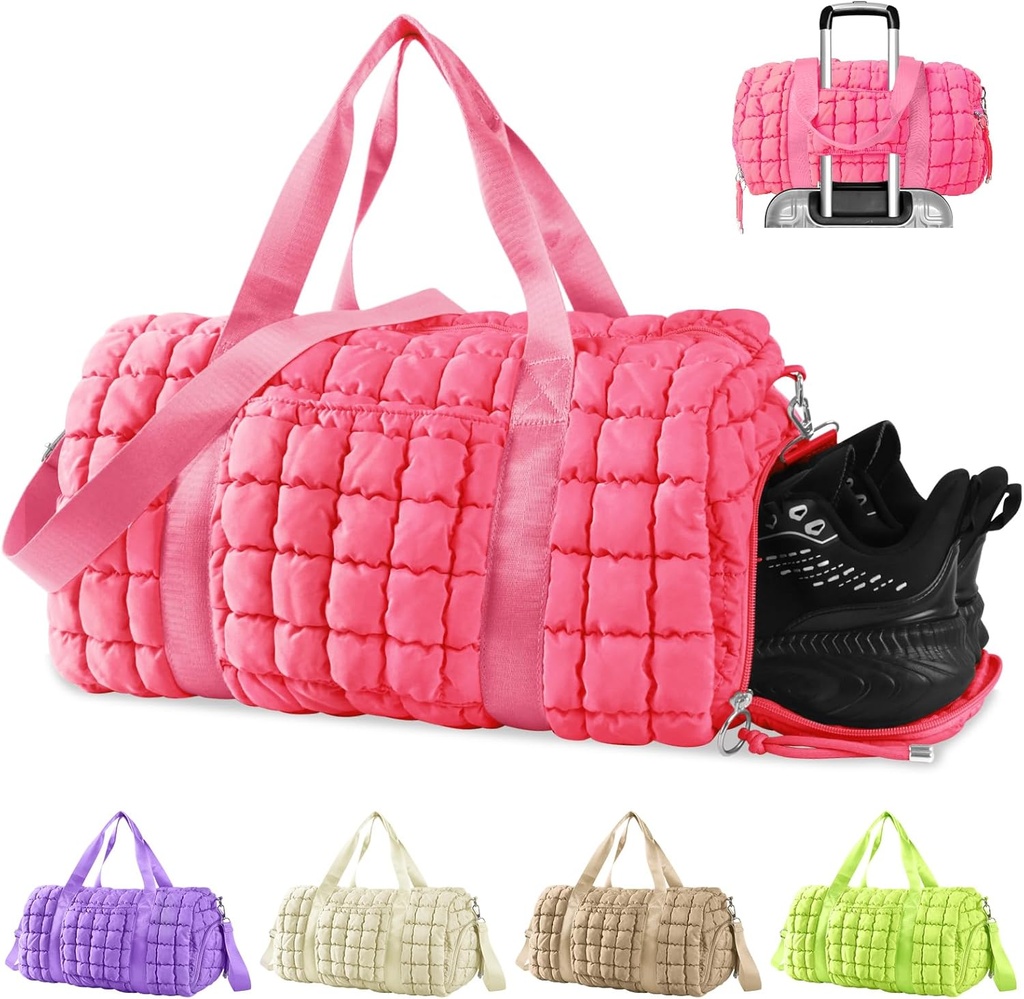 Pungă de gimnastică Quilted Duffle pentru femei,Geanta de plastic pentru călătorie cu pantofi Compartiment,Puffer Weekender Bags Overnight Carry On Bag with Trolley Sleeve for Airplanes,Personal item Sports Duffel Dance Bag (Pink)