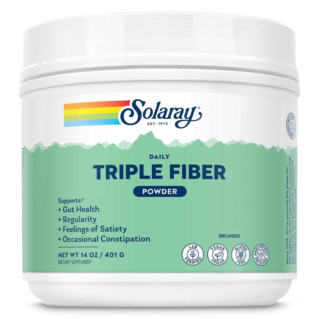 SOLARAY Triple Fiber Powder - Daily Fiber Supplement for Women and Men w/Prebiotics - Gut Health, Ocazional Constipație, Digestive Health Support, Unflavored, Vegan, Gluten Free, 30 Servings, 14oz