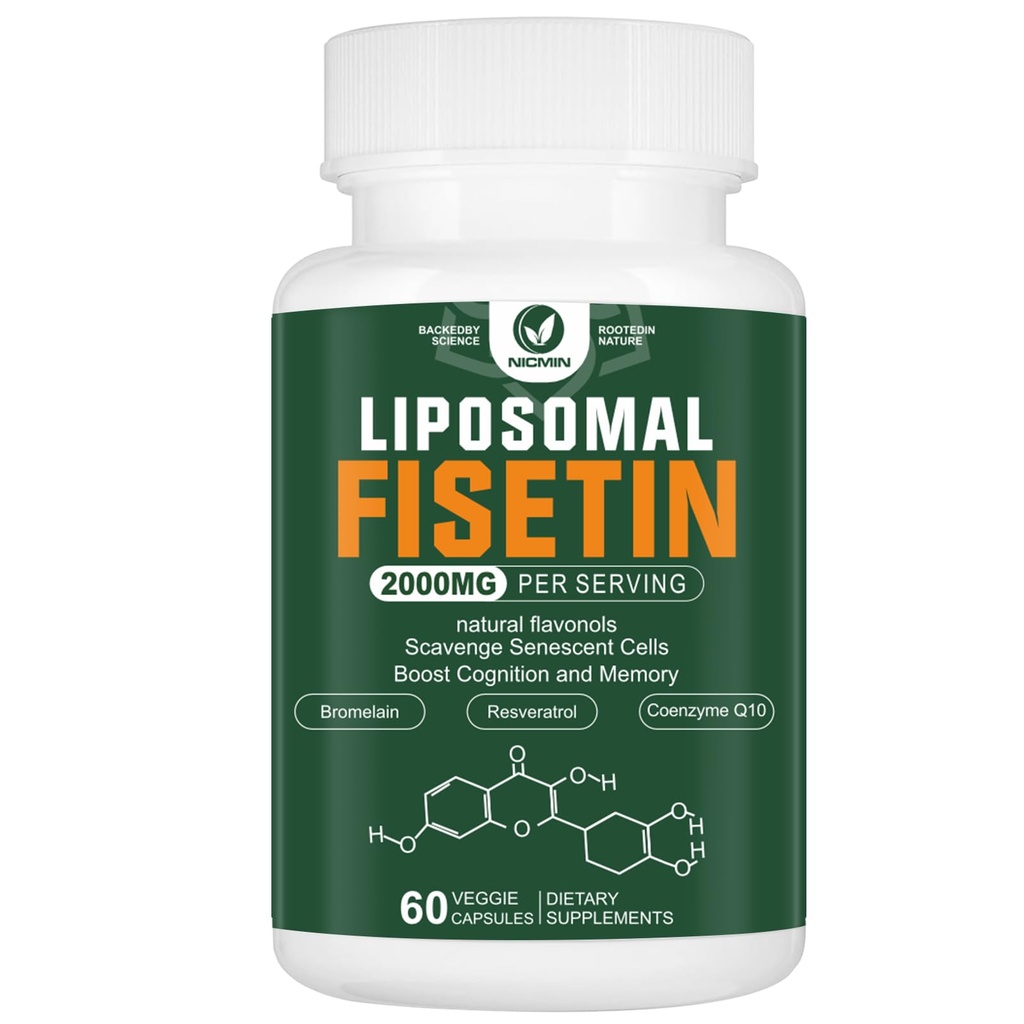 Liposomal Fisetin Supliment, 2000MG, 98% pure Fisetin Polifenoli Antioxidanti, cu Querbetin, TMG si Resveratrol, pentru imbatranire sanatoasa, suport cognitiv, 60 capsule