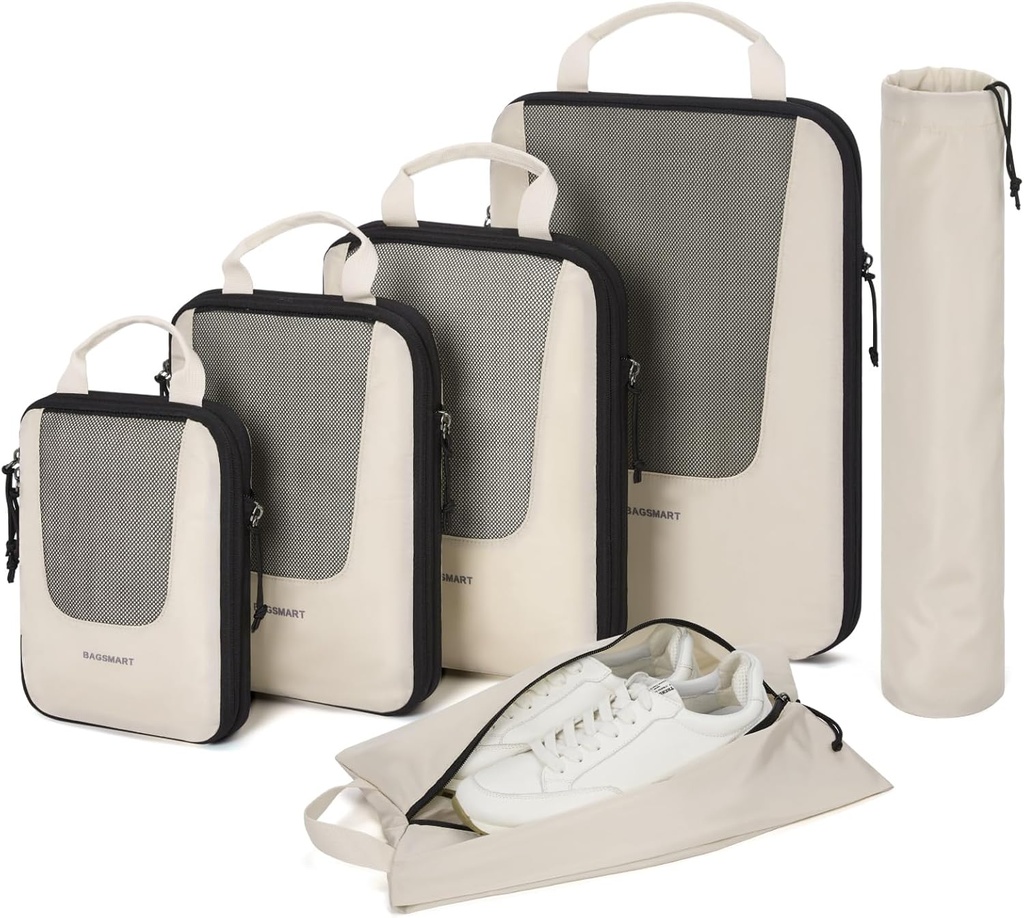 Cuburi de ambalare de compresie BAGSMART pentru călătorie, 6 set/5 set/4, Suit de compresie Saci organizator Set pentru costume de călătorie esenţiale, Organizatori de ambalare uşoară