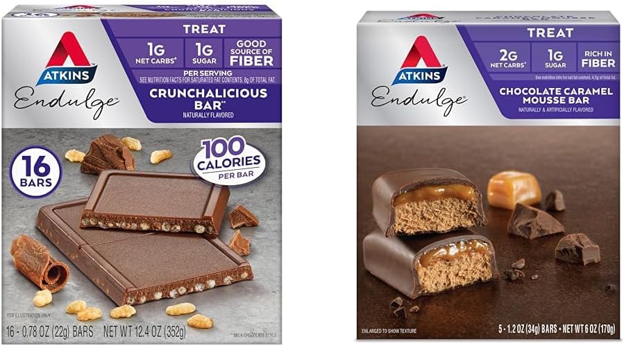Atkins Endure Crunchalicious Chocolate Bar, 16 Count & Chocolate Caramel Mousse Bar, 5 Conte