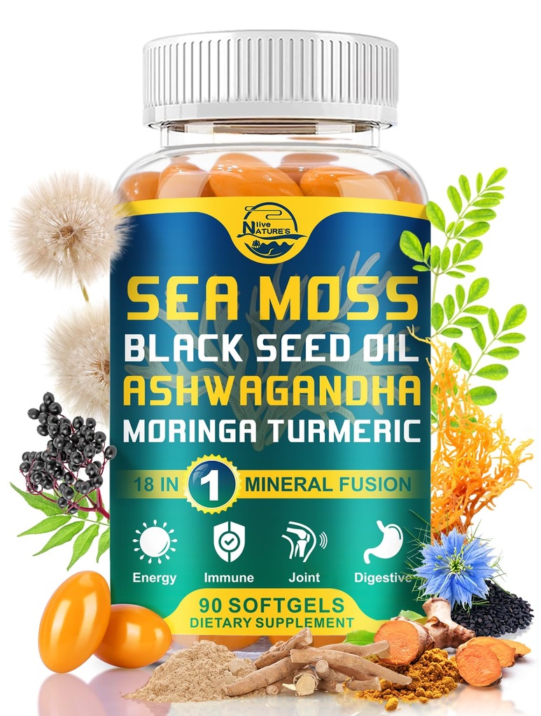 Nature's live Organic Sea Moss Softgels, with Black Seed Oil, Ashwagandha, Bladderwrack, Ginger, Brodock Root, Manuka Honey, Scorțișoară pentru Immune System, Skin, Energy, 90 Softgels, 1 Pack