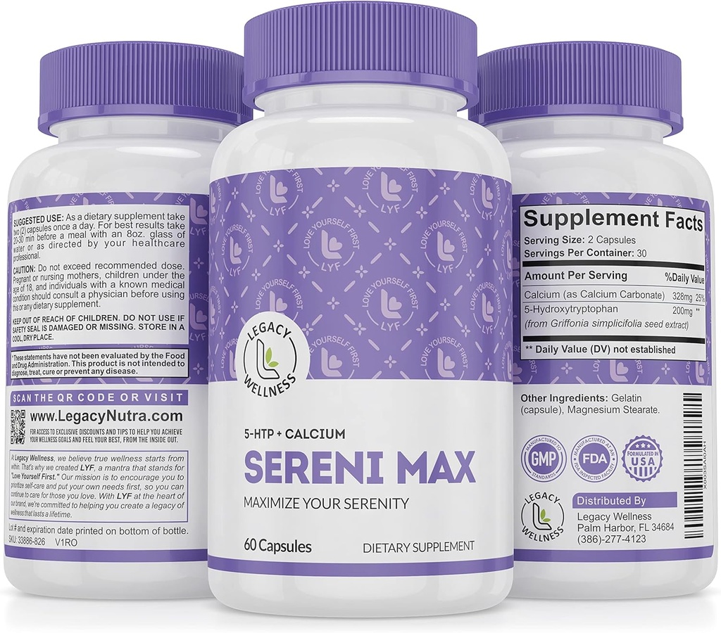 SERINI-MAX - 5-HTP supliment de susţinere a stării de spirit + Calciu - Sprijină Calm şi liniştit Stare de spirit - Boost Serotonina, 5HTP 200mg pentru Managementul stresului şi Suplimente de suport pentru somn - 60 capsule