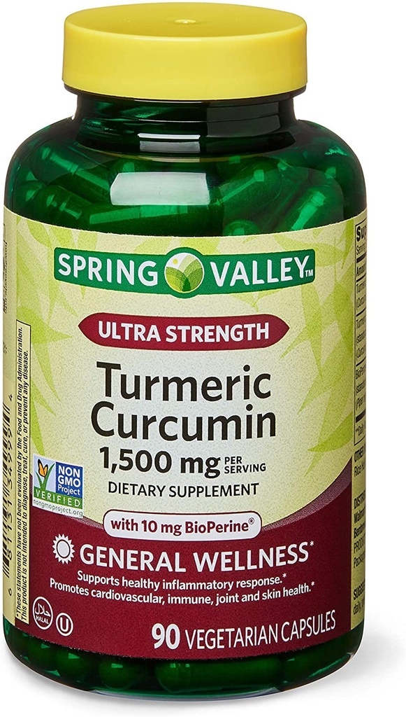 Spring Health 2 Set- Spring Valley Ultra-Forngth Curcumin Turmeric 1500 mg 90 Capsule + Ghidul de vitamine, 1,0 Conte