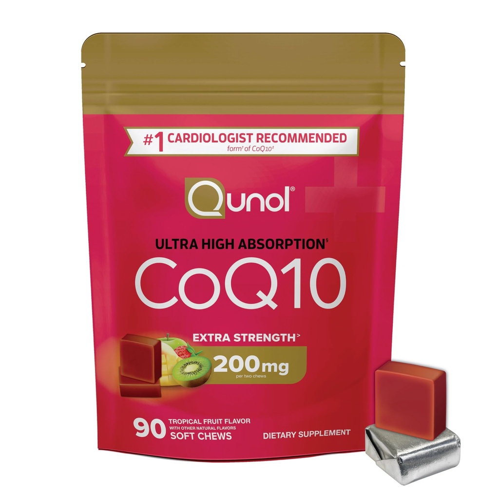 Qunol CoQ10 200mg Soft Chews, Extra Force & Ultra High Absorbtion Coenzime Q10 Supliment, #1 Cardiolog recomandat Supliment pentru Heart Health, 90 Conte