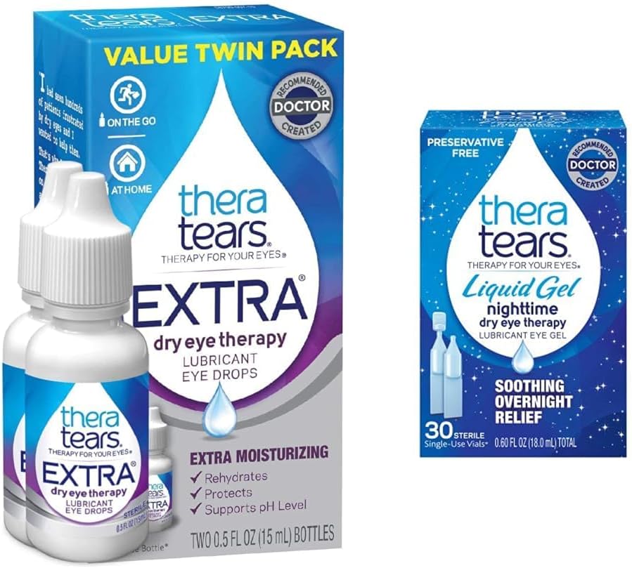 TheraTears Extra Dry Eye Terapie Lubricarea picăturilor oftalmice pentru ochi uscaţi, 0,5 fl oz Sticla, 2 Count (Pachet de 1) & Lichid Gel Nighttime Lubrifiere picături oftalmice pentru ochi uscaţi, flacoane de unică folosinţă, 30 Conte