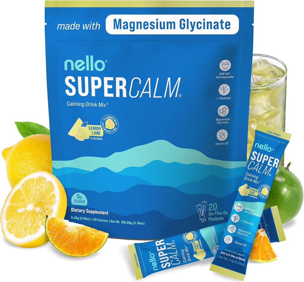 Nello Supercalm Drink Mix - Ashwagandha KSM 66, Magneziu Glicinate & L-Theanin Supliment, Vitamina D3 - Ashwagandha Root Extract - Focus și Relaxare Suport (20 Pachete de călătorie) - Lămâie