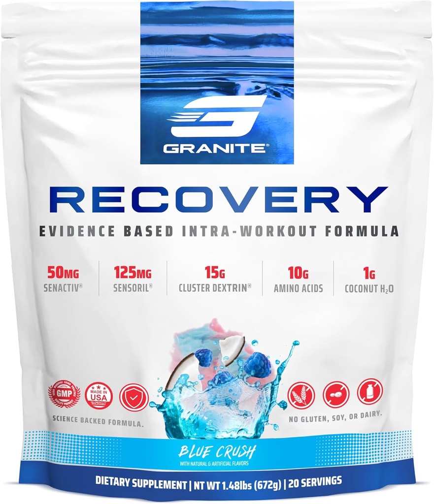 Granite Recovery Intra și post-Workout Supliment, aroma Blue Crush, cu 10g Aminos, Electroliti, Cluster Dextrin, & Senzoril, Sprijină Recuperarea și creșterea musculară (20 serviri)