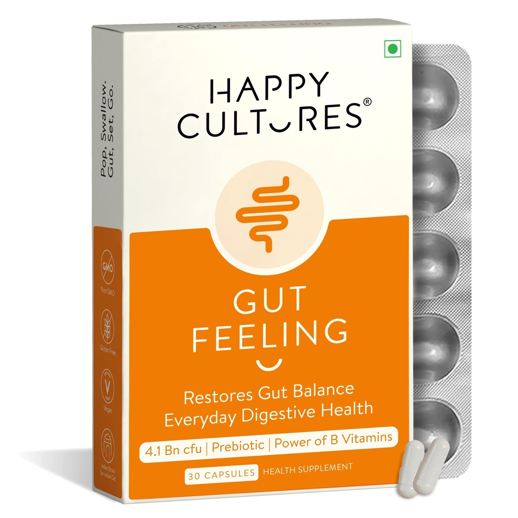 Culturi fericite Gut Simt Digestion Supliment Unique Blend de Probiotice pentru Daily Digestive Health B-Vitamins Gut Suplimentul de sănătate pentru Bloating, IBS, Digestion Testat clinic - 30 Veg Capsule