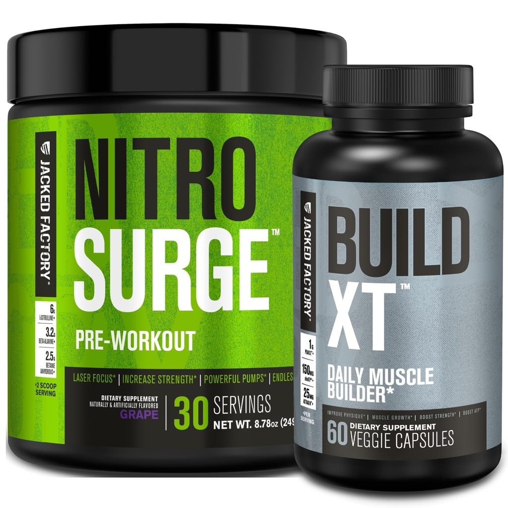 Fabrica de Jacked Nitrosurge Pre-workout în struguri și construi XT musculare Bundle pentru bărbați și femei