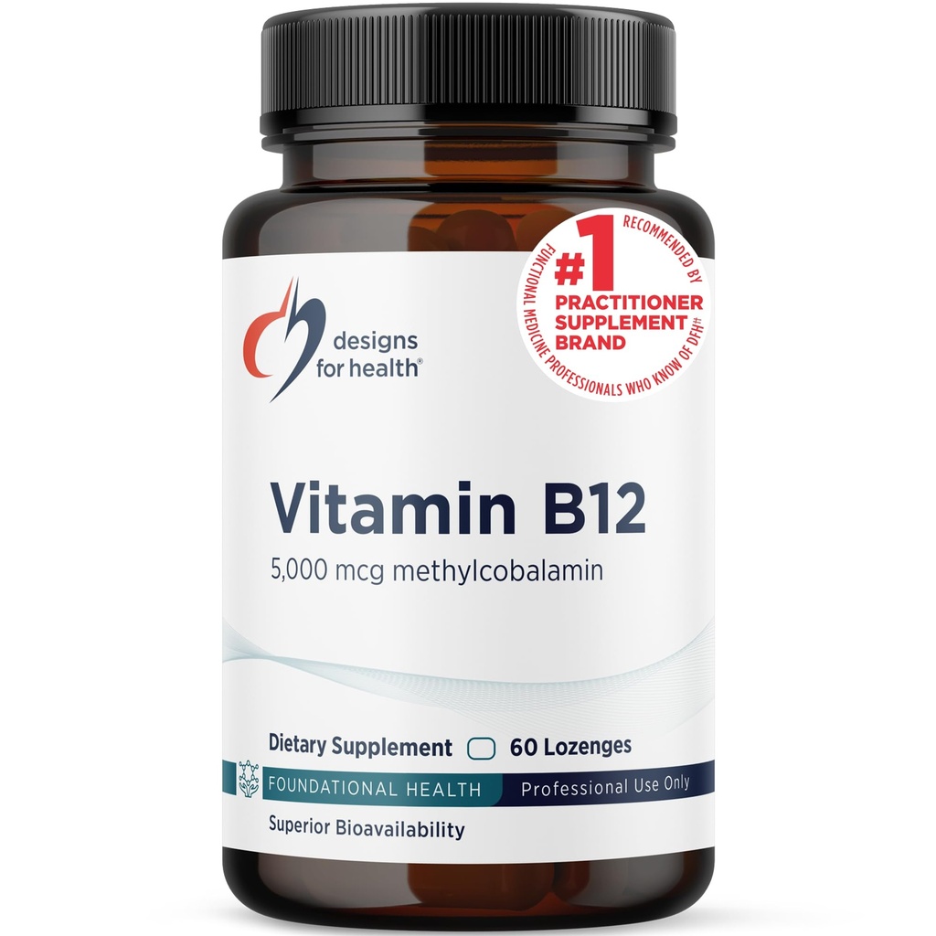 Design-uri pentru sanatate Vitamina B12 Lozenges - B12 Vitamine 5000 mcg Metilcobalamină - Vitamina B12 Suplimente - Vegan + non OMG-uri, aroma naturala de berry (60 Lozene rapid dizolvate)
