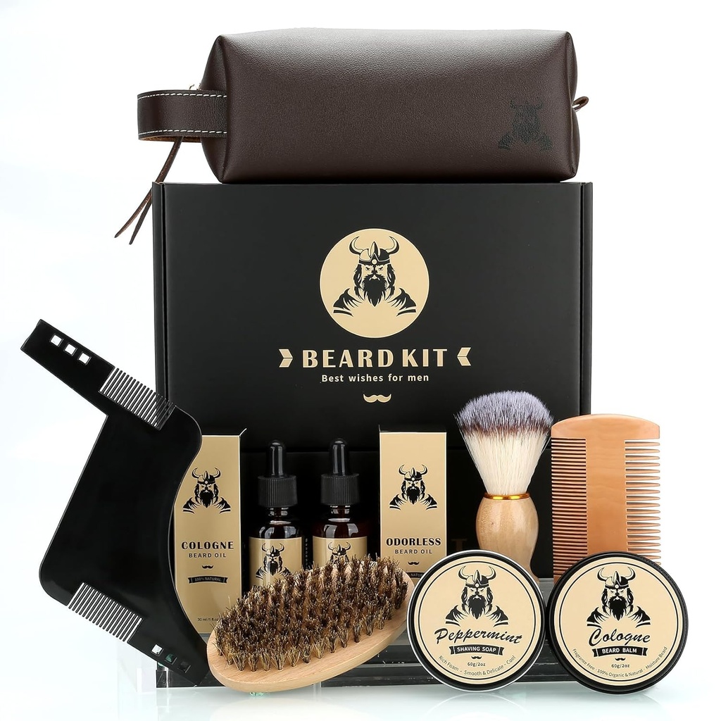 Kit de ingrijire barbă pentru bărbați, 9 PC-uri Kit de înfrumusețare barbă, Barbă Club Kit este un cadou unic pentru bărbați pentru tata Soțul iubit, Ziua de naștere a tatei Ziua de nastere nunta Cadou de Crăciun Idei pentru el Boss