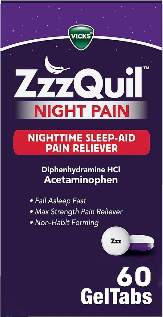 ZzzQuil Night Pain GelTabs, Nighttime Pain Relief, Sleep Aid Tablets, Difenhidramină HCl și Acetaminofen, No.1 Sleep Adid Brand, Max Putere Pain Reliever, 60 GelTabs