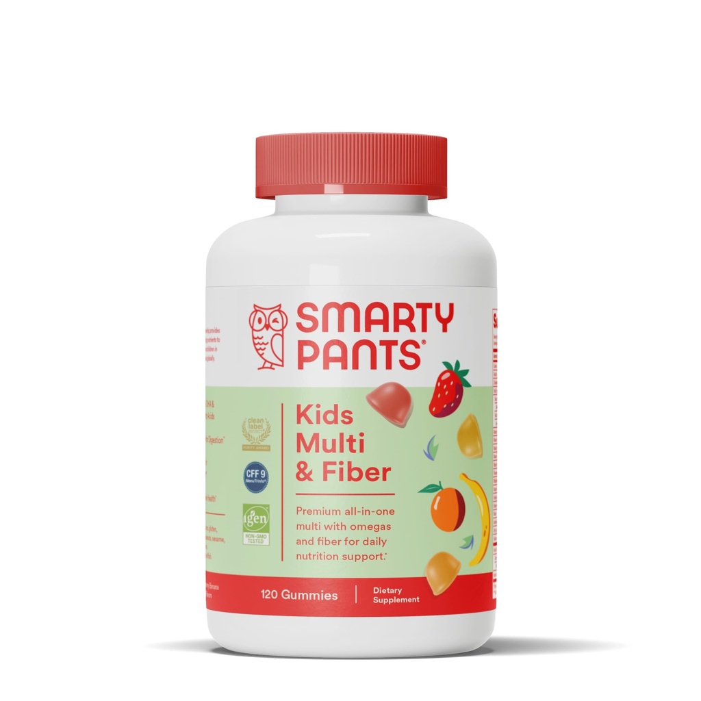 SmartyPantaloni Copii Gumiile multivitaminei si Suplimentul Fiber: Vitamina D3, C, Vitamina B12, B6, A, Zinc, Biotina, Inositol, Fiber Gummies, Trei arome de fructe, 120 Conte (30 zile de aprovizionare)