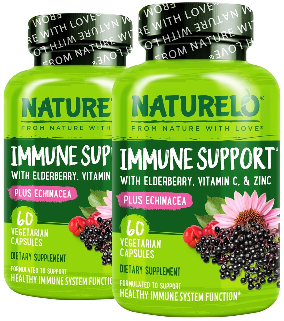 NaturaLO Immune Support Vitamina C, Elderberry, Zinc, Echinacea Imunitate Naturală Boost w/Antioxidant, Herbal & Mineral Defense - 60 Capsule Vegane (Pachet de 2)