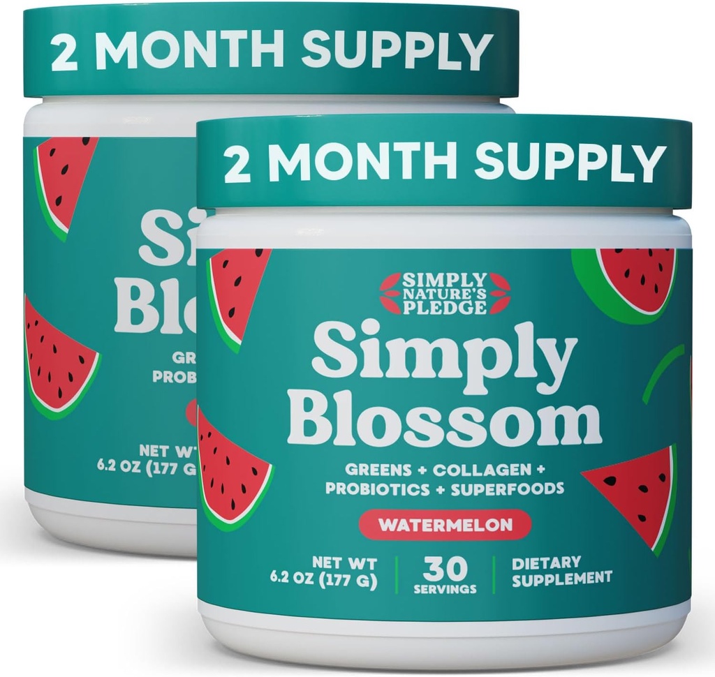 Pur și simplu Blossom Nutrition Daily Greens & Superfood Powder + Colagen + Probiotice pentru femei Digestive Health & Blooting Relief. Ajutor pentru sănătatea dumneavoastră Bloom - 2 luni de aprovizionare - pepene verde