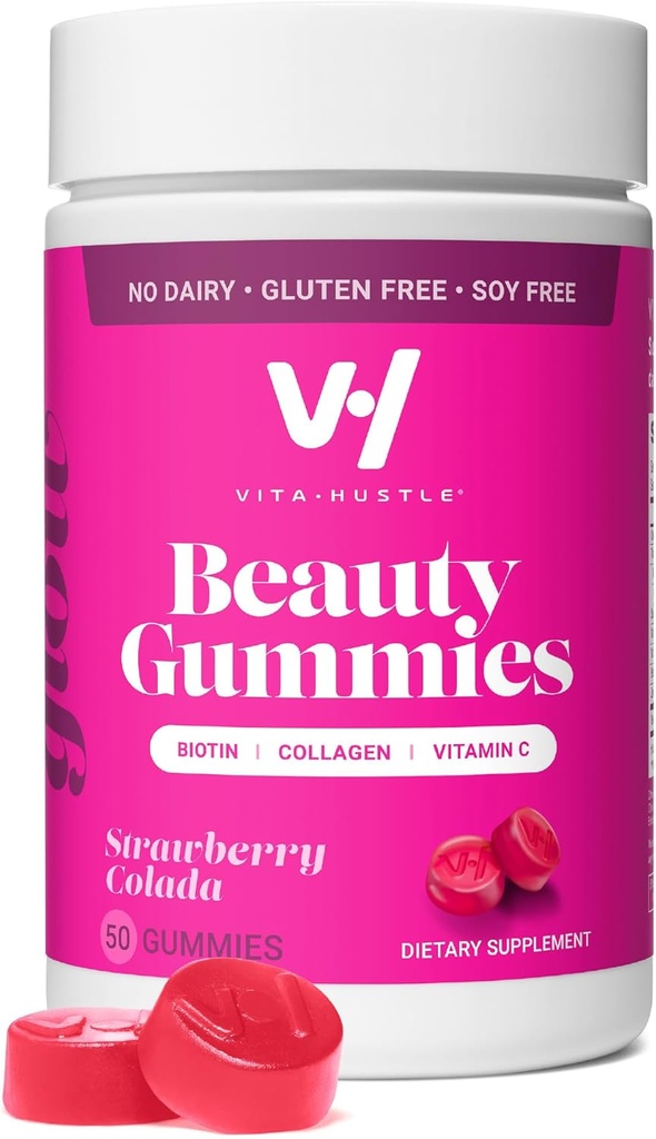 VitaHustle Beauty Gummies, 2500 mcg Biotin, 100 mg Colagen, Vitamina C, B-complex, Păr puternic, unghii de piele, zahăr scăzut, Non OMG, Colada de căpșuni, 50 Conte