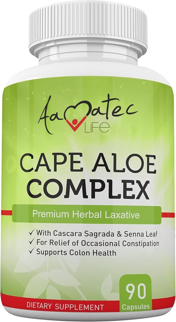 Aamatec Life Cape Aloe Herbal Laxative Complex pentru Relief Constipație, Mișcări Bowel sănătoase, Digestive & Colon Health cu Cascara Sagrada și Senna Leaf Supliment pentru bărbați și femei 90 capsule