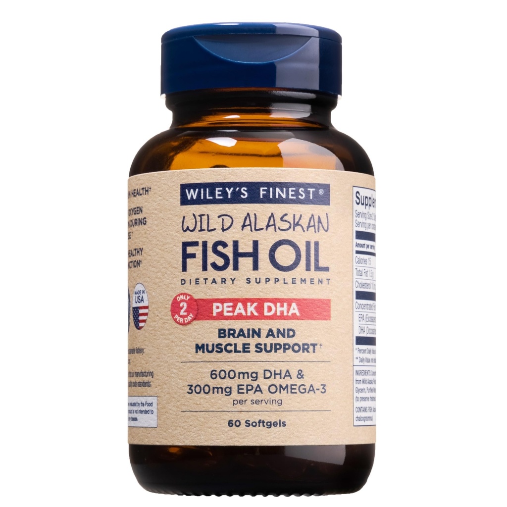 Wiley Finest Wild Alaskan Fish Oil Peak DHA - 900mg EPA și DHA Omega-3s - 60 Softgels (30 Servings)