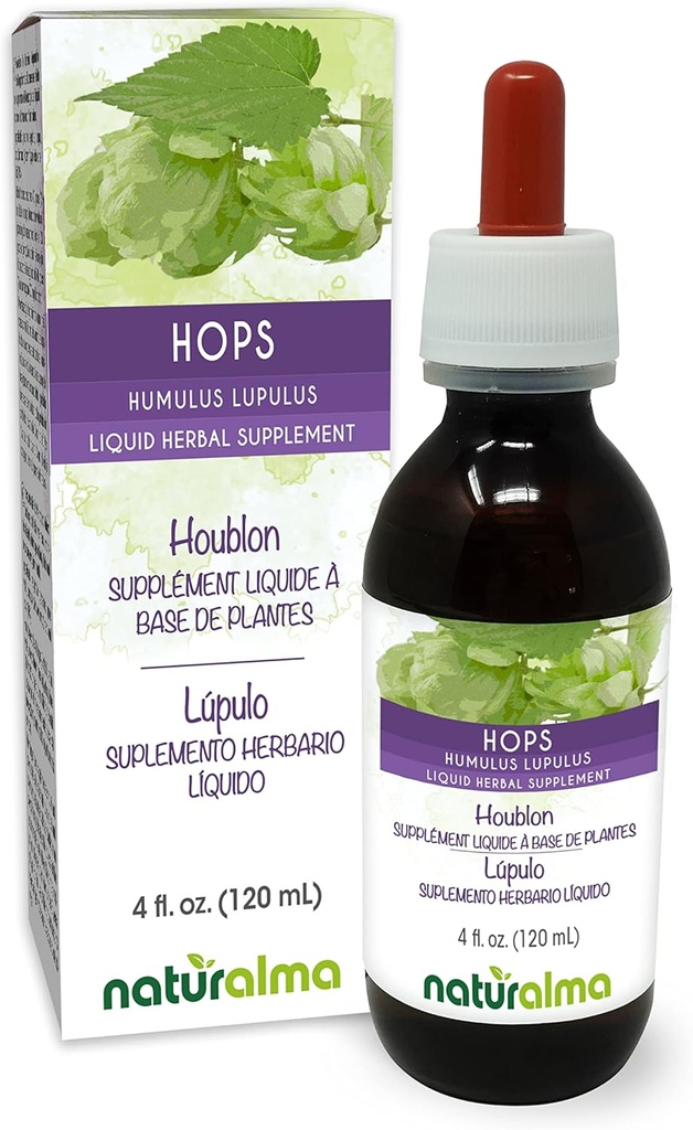 Naturalma Hops (Humulus lupulus) strobilus sau Con (Femei Flori) Tinctură fără alcool - 4 fl oz Extract lichid în picături - Supliment vegetal - Vegan