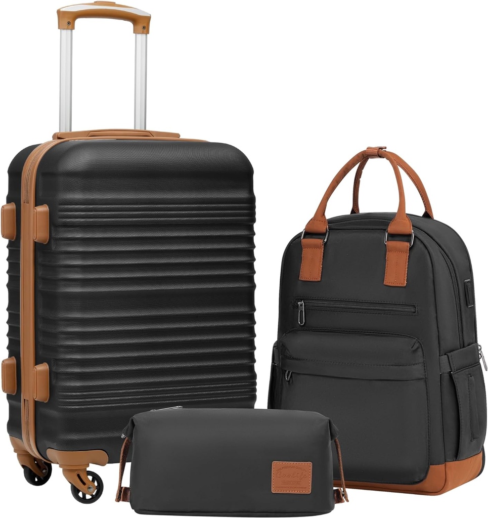Set de bagaje Coolife 3 Set de bagaje piese Carry On Valiza Hardside Bagaj cu TSA Lock Roți Spinner (Black, 3 piese set (BP/TB/20))