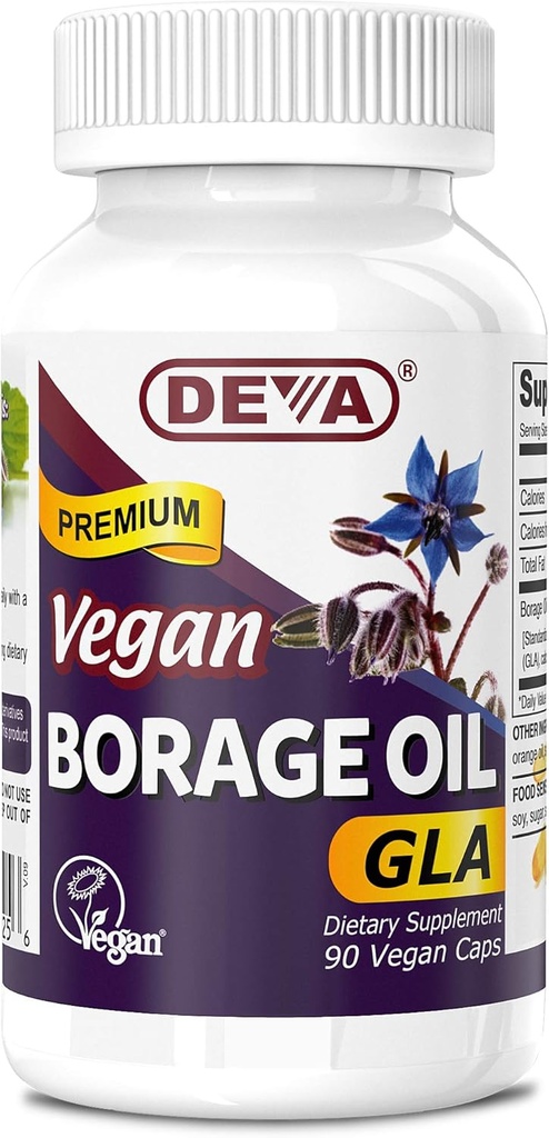 Deva Vegan Vitamine, Borage Oil 500mg, Rich Source of Omega-6 Fatty Acid GLA (Gamma Linolenic Acid), Cold-Pressed & Unrafined, 90 comprimate, 1-Pack